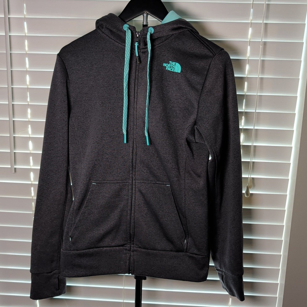 The North Face Hoodie Women Small Charcoal Gray Turquoise Full Zip Excellent